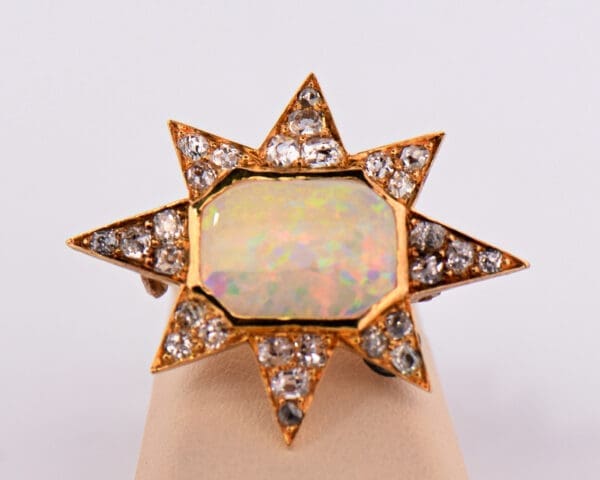 victorian star brooch with opal and old mine cut diamonds