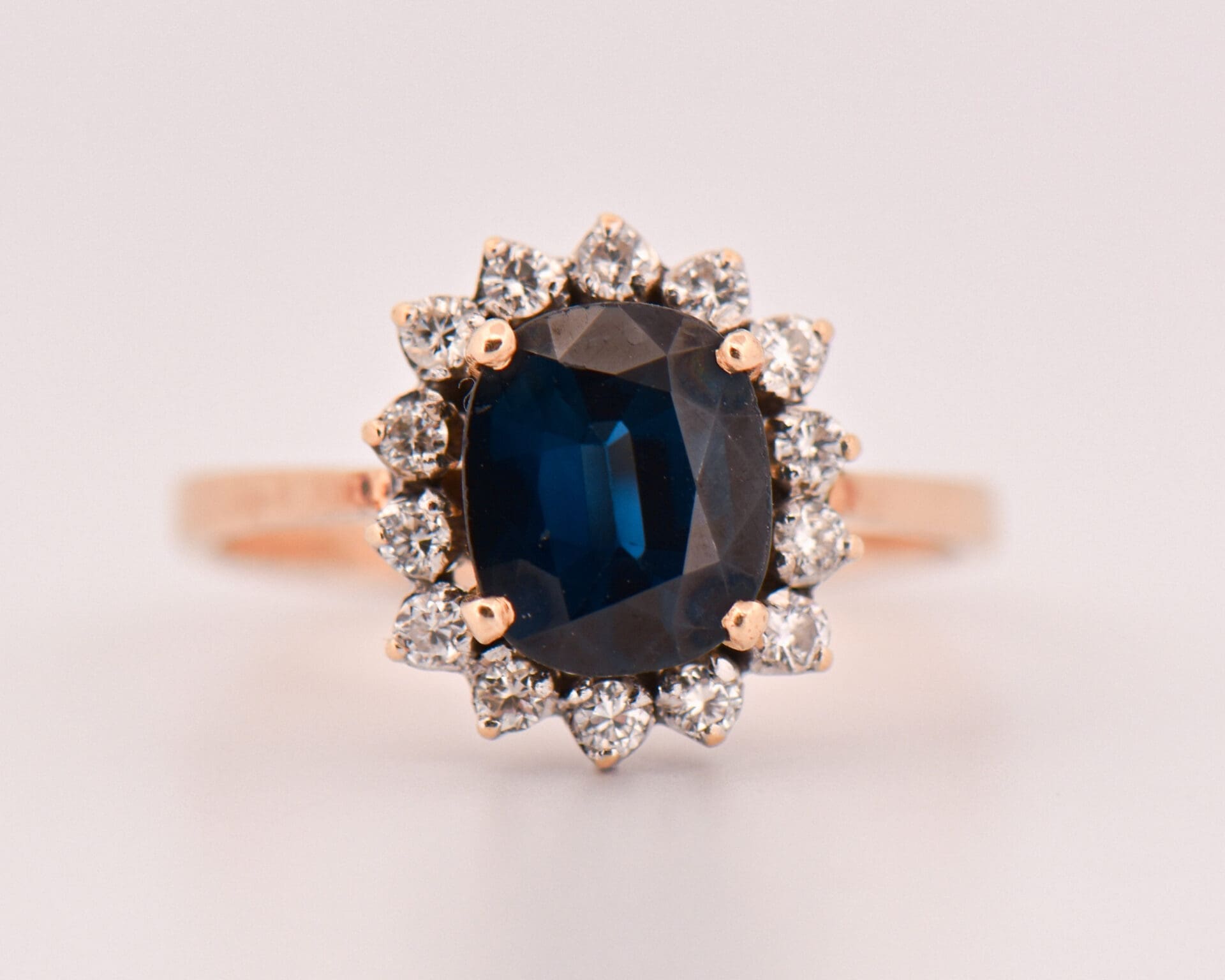vintage cushion cut navy blue sapphire halo engagement ring 2