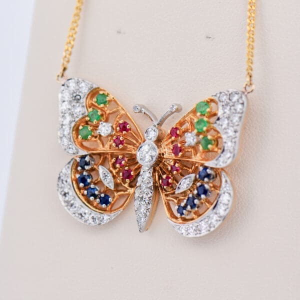 estate 18k gold diamond and gemstone set butterfly necklace 2