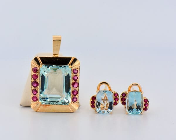 retro 1940s aquamarine and ruby pendant and earring set 7