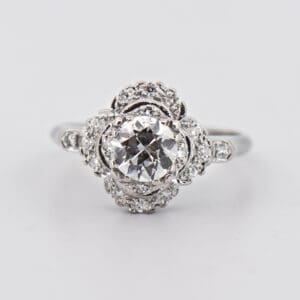 unusual art deco diamond ring with 1ct old euro center