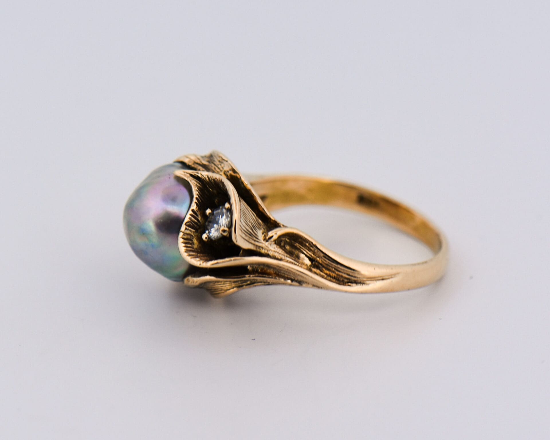 1960s vintage carved gold floral ring with baroque grey pearl and diamond 2