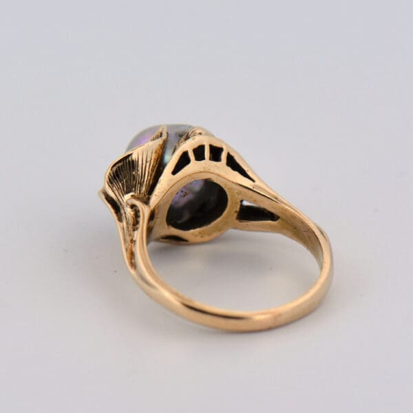 1960s vintage carved gold floral ring with baroque grey pearl and diamond 3