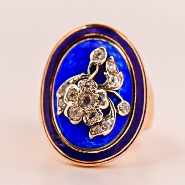 antique floral blue enamel and diamond ring yellow gold 5