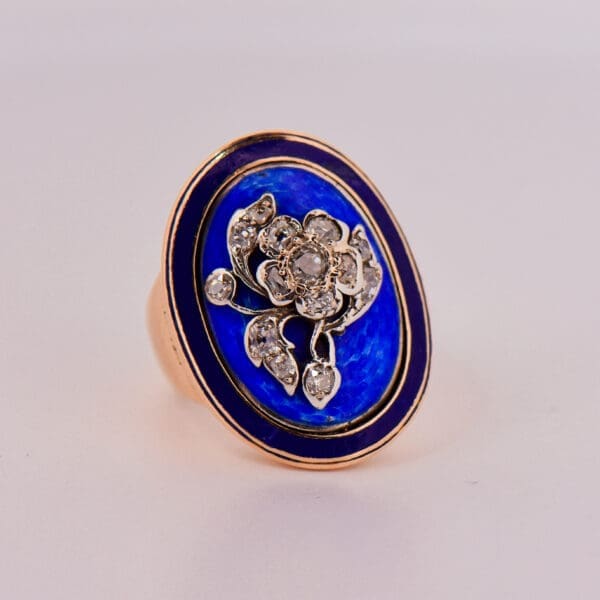 antique floral blue enamel and diamond ring yellow gold