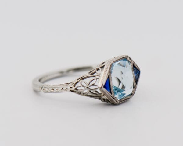 art deco filigree ring with aquamarine and sapphire 3