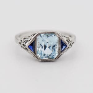 art deco filigree ring with aquamarine and sapphire
