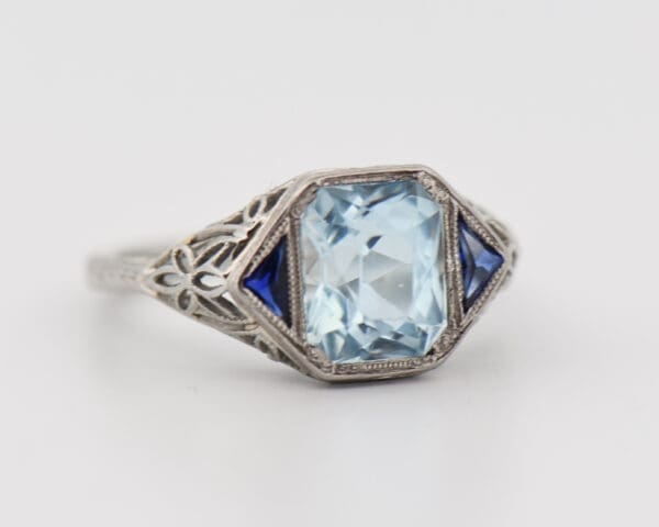 art deco filigree ring with aquamarine and sapphire 4