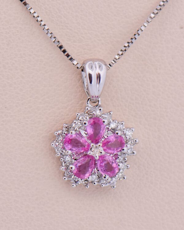 beautiful pink sapphire flower pendant white gold