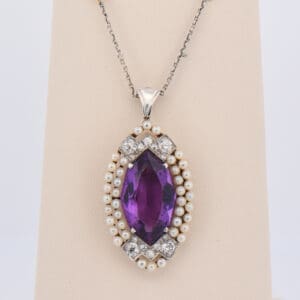 early deco amethyst pearl and diamond lozenge necklace
