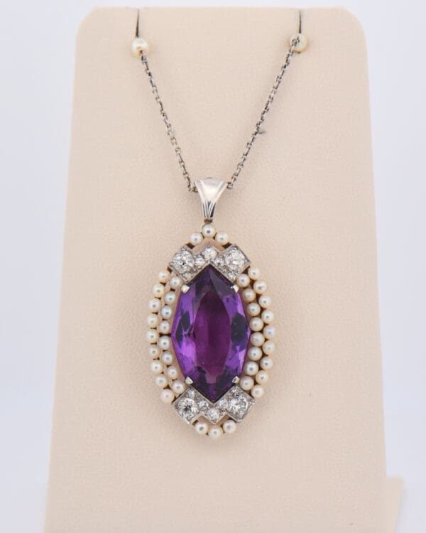 early deco amethyst pearl and diamond lozenge necklace