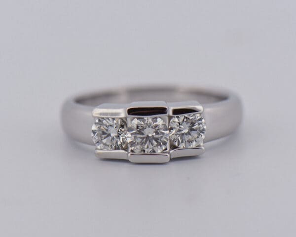 estate three stone low profile white gold diamond ring 4