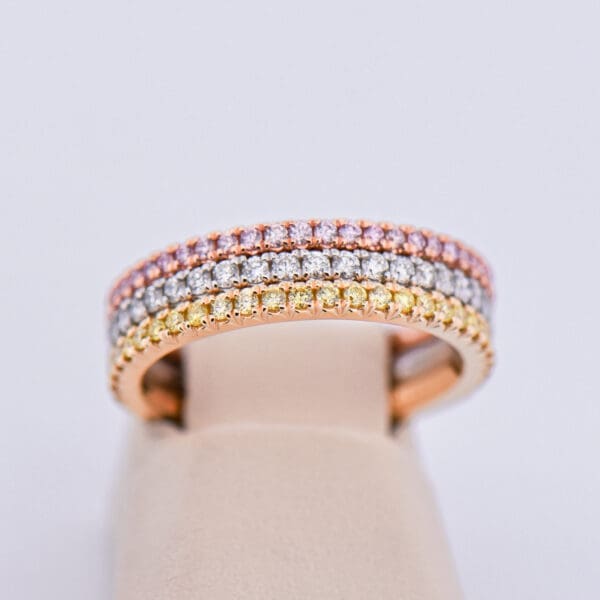 fancy pink diamond yellow diamond and white diamond stacking wedding bands