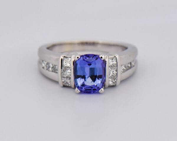 periwinkle color engagement ring with natural tanzanite and diamonds