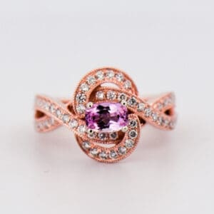 pink imperial topaz and diamond woven rose gold ring