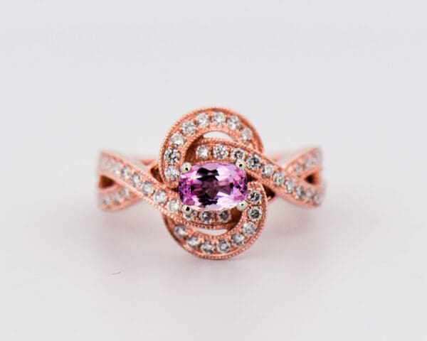 pink imperial topaz and diamond woven rose gold ring