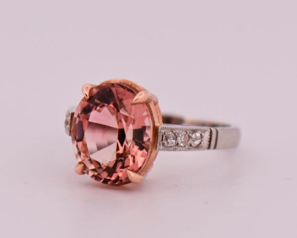 platinum ring set with rare pink peach tourmaline and diamonds 5