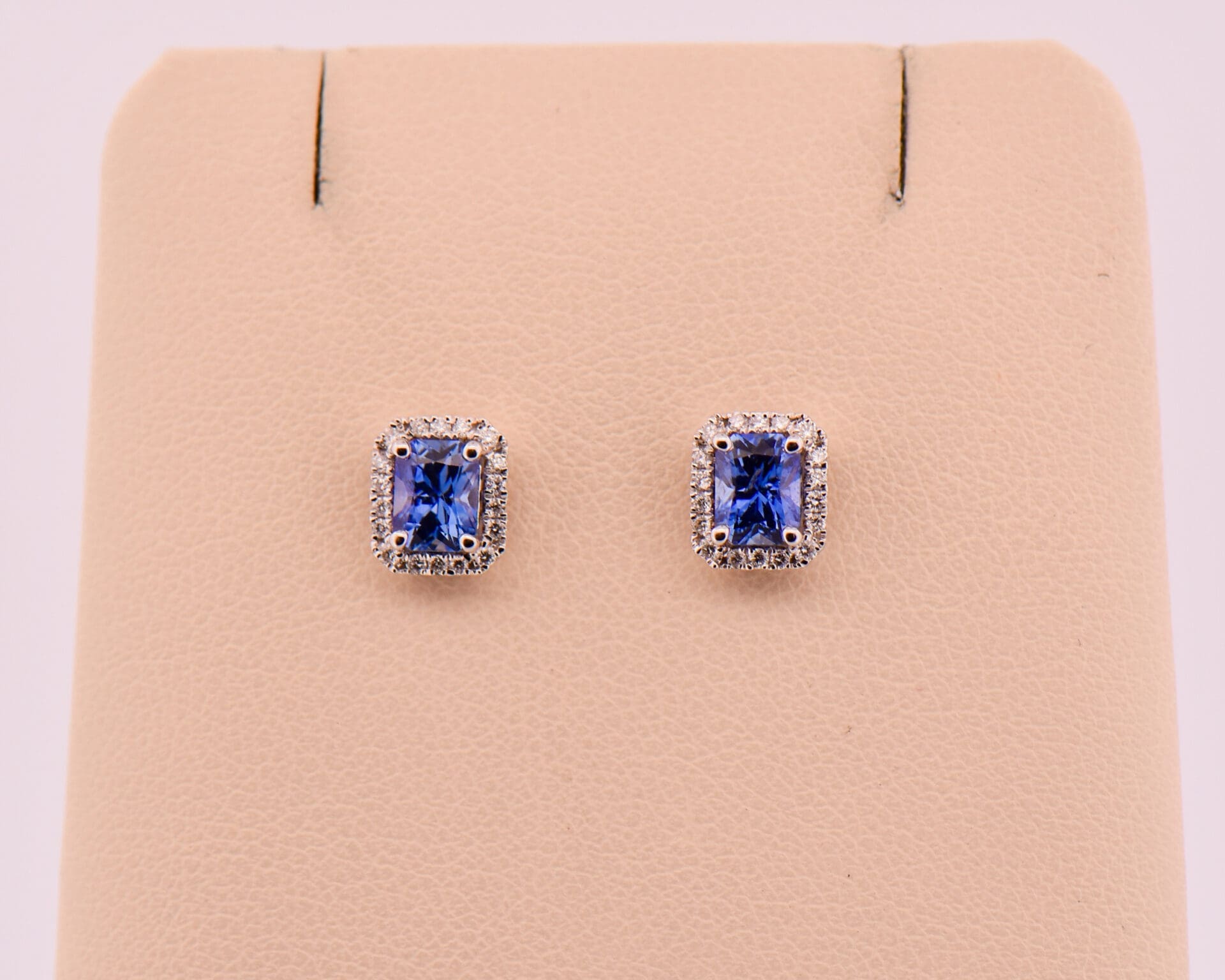 radiant cut ceylon cornflower sapphire and diamond halo stud earrings 3