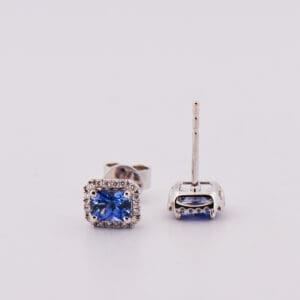 radiant cut ceylon cornflower sapphire and diamond halo stud earrings