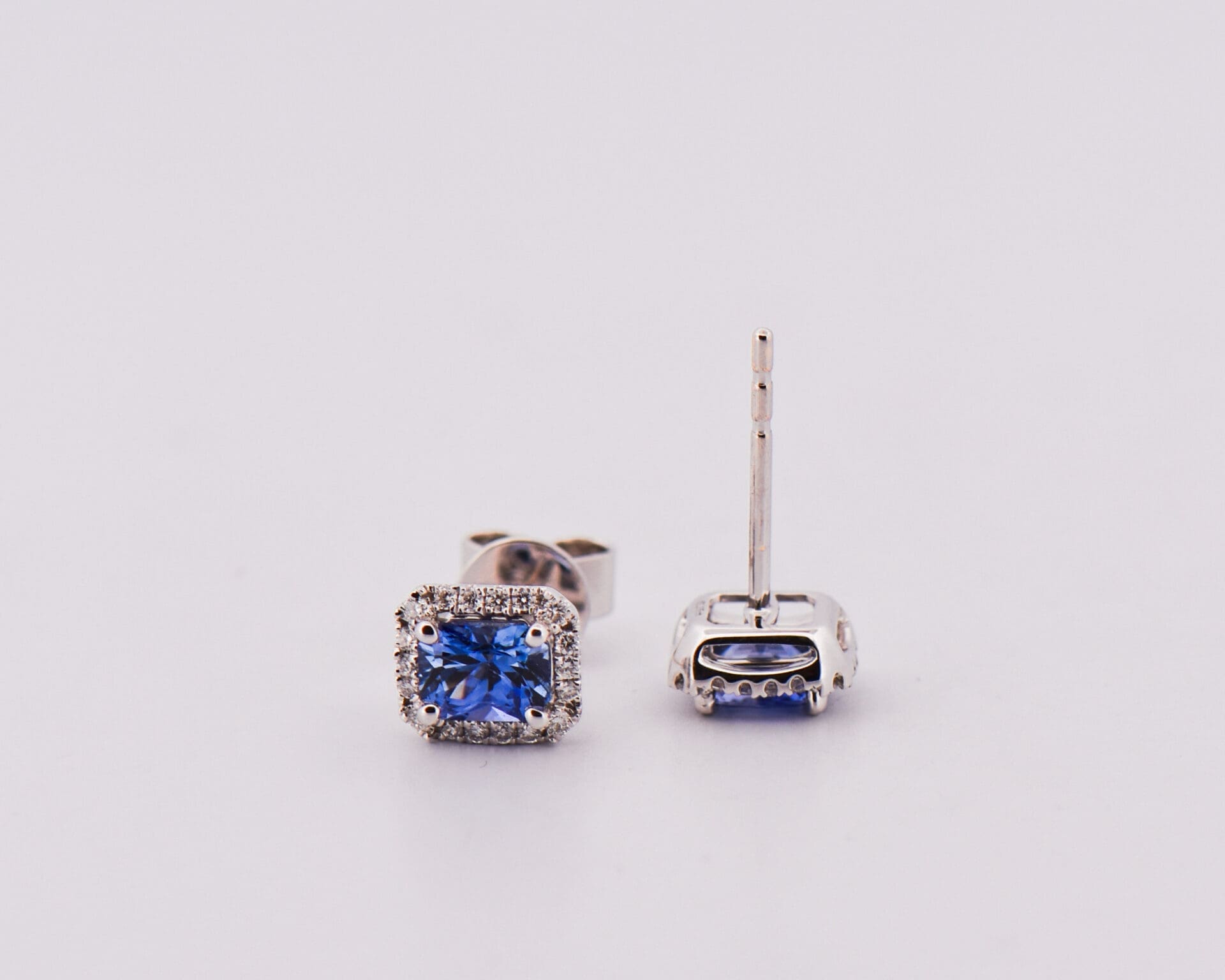 radiant cut ceylon cornflower sapphire and diamond halo stud earrings