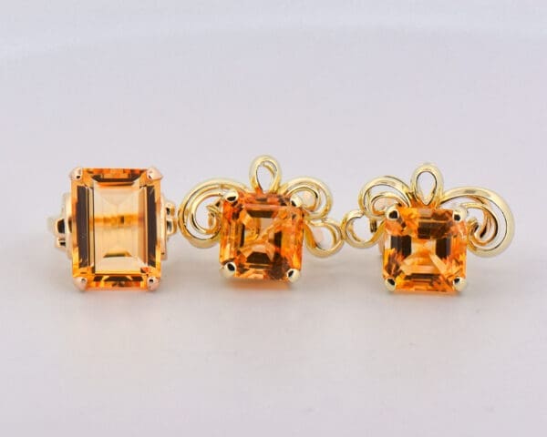 retro chunky yellow gold and citrine ring and earring set