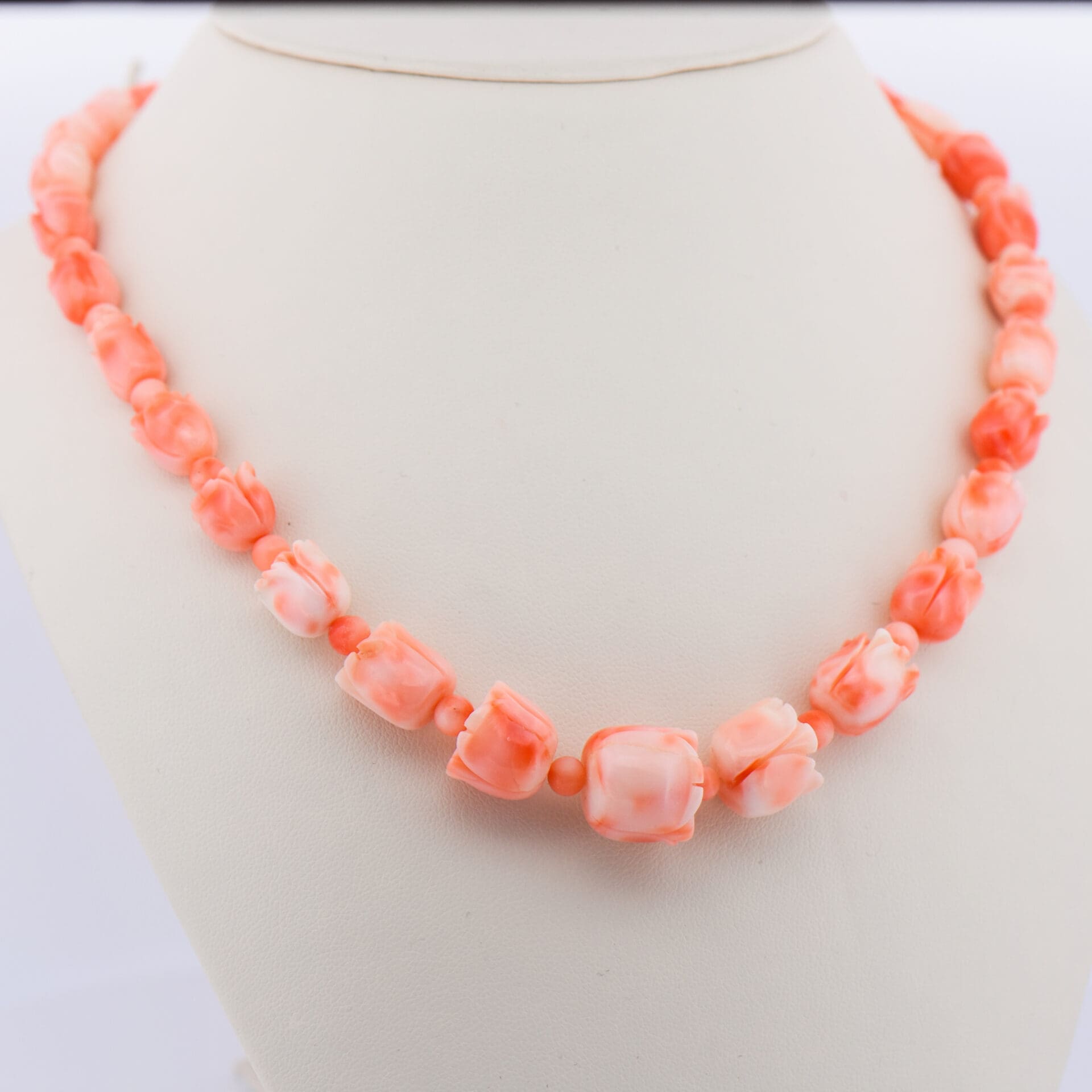 vintage carved pink coral beads floral bead strand gold clasp 3