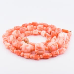 vintage carved pink coral beads floral bead strand gold clasp
