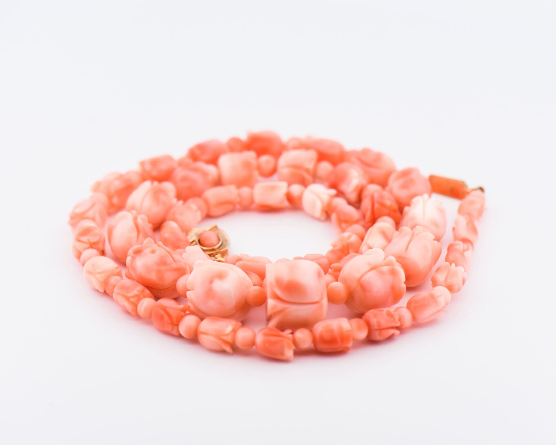 vintage carved pink coral beads floral bead strand gold clasp