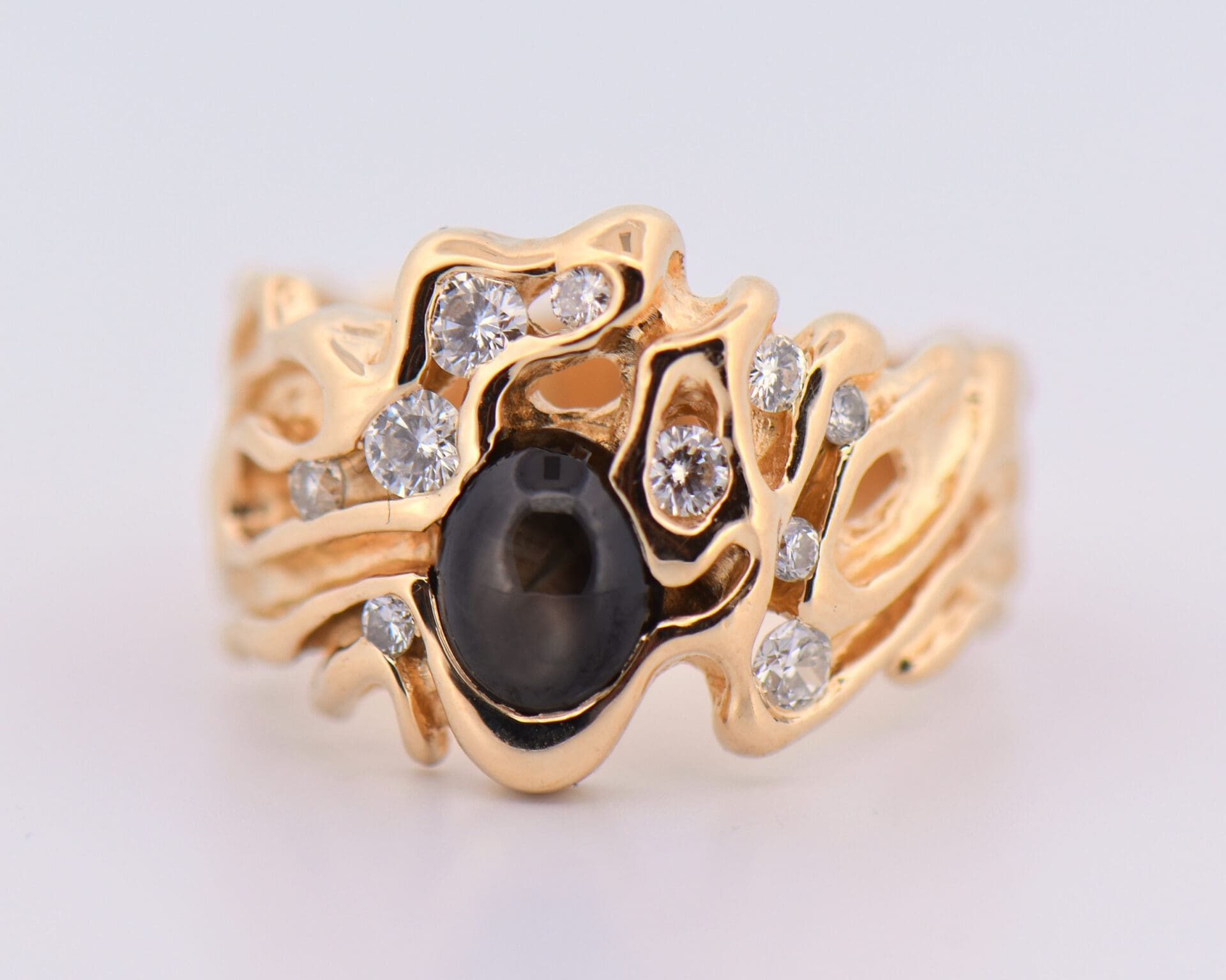 vintage freeform gents ring with black star sapphire and diamonds 3