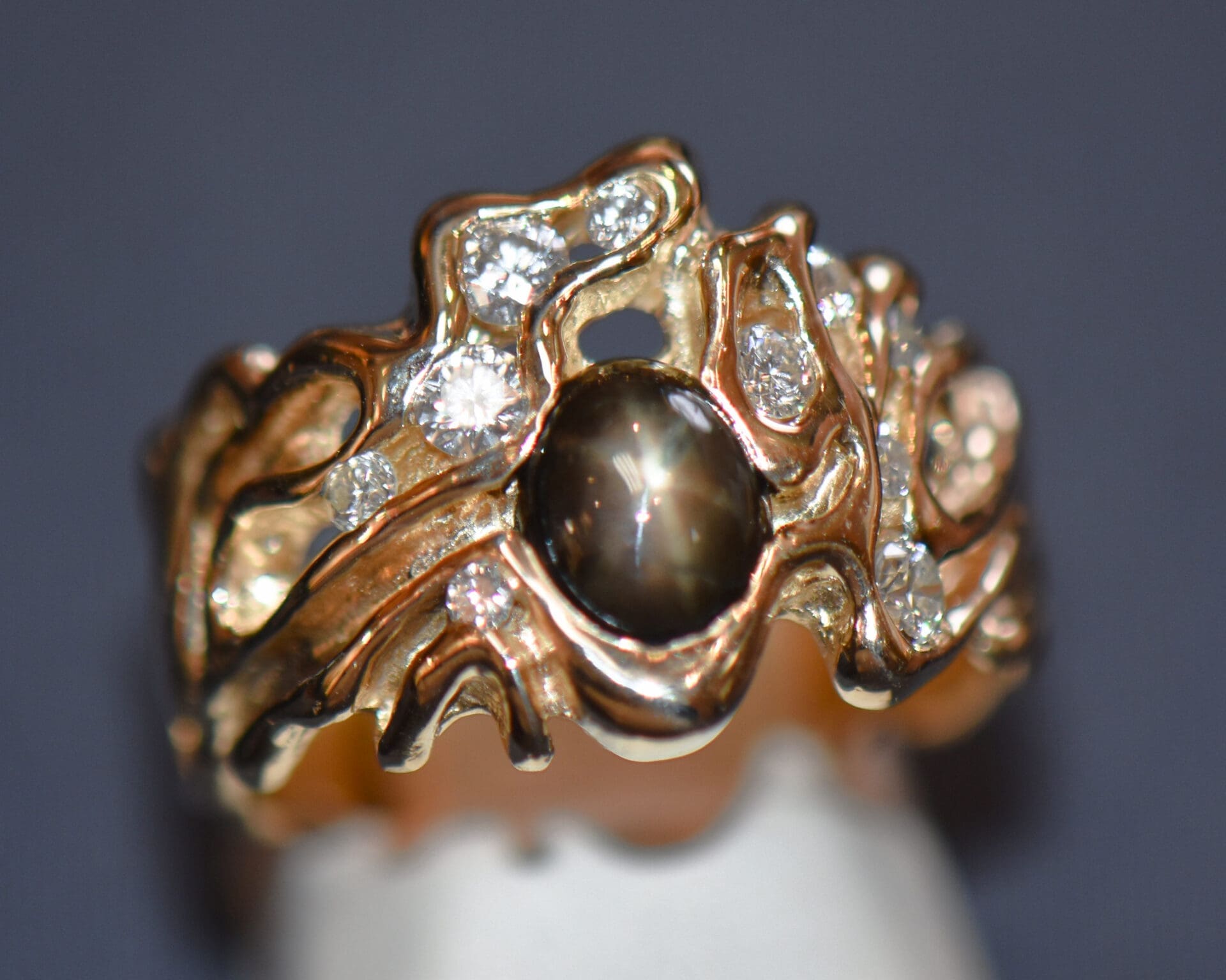 vintage freeform gents ring with black star sapphire and diamonds 4