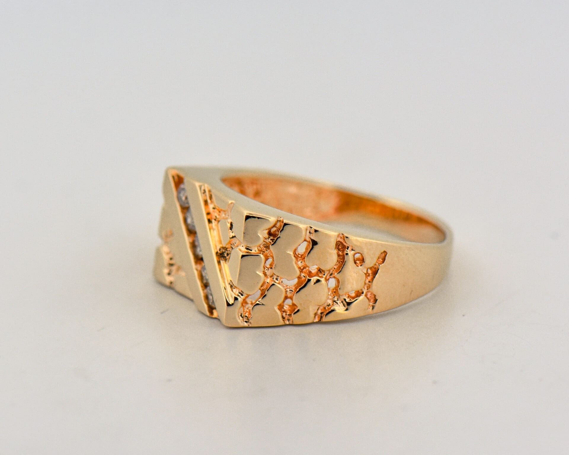vintage gold nugget style gents ring with diamond accents 3