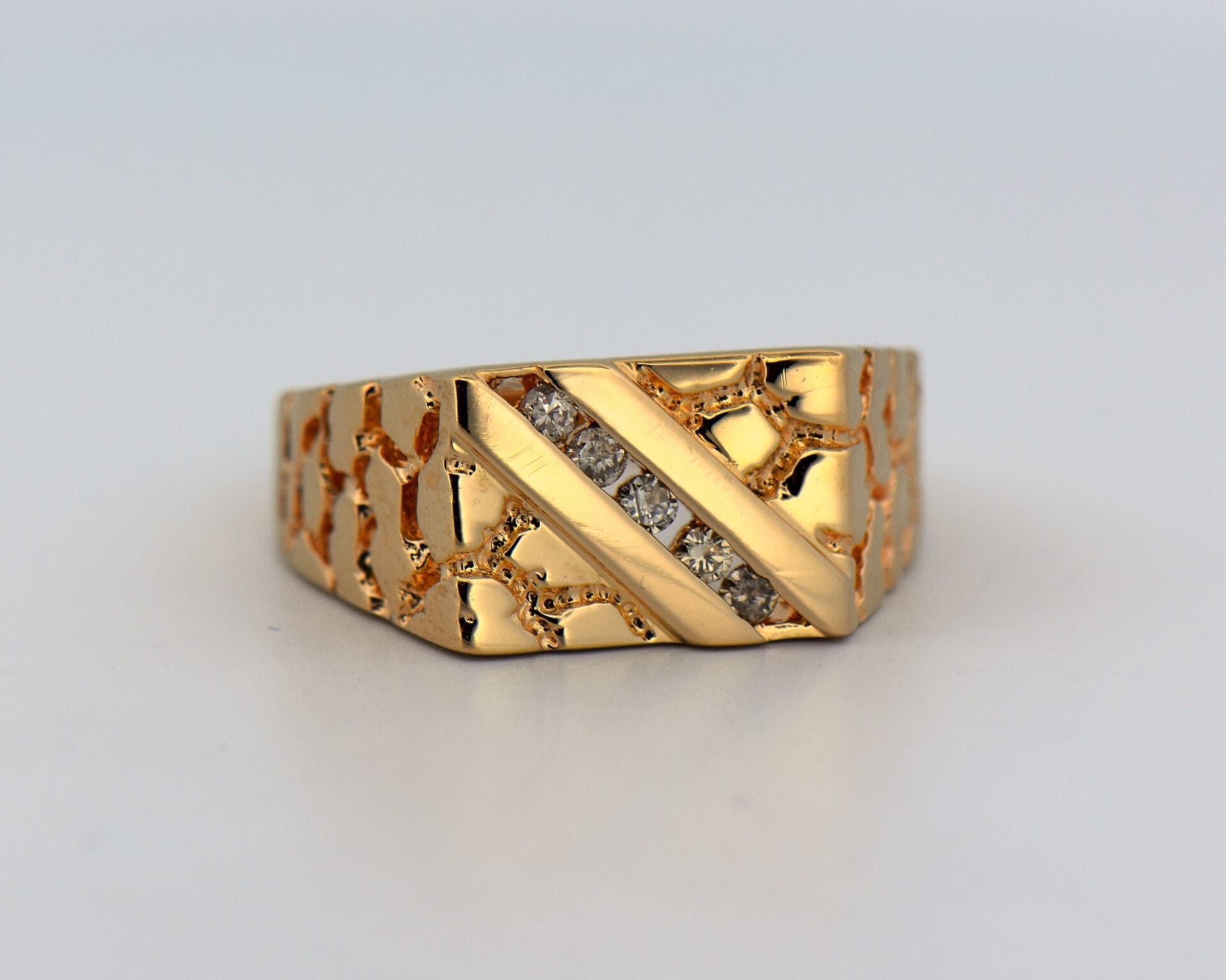 vintage gold nugget style gents ring with diamond accents 4