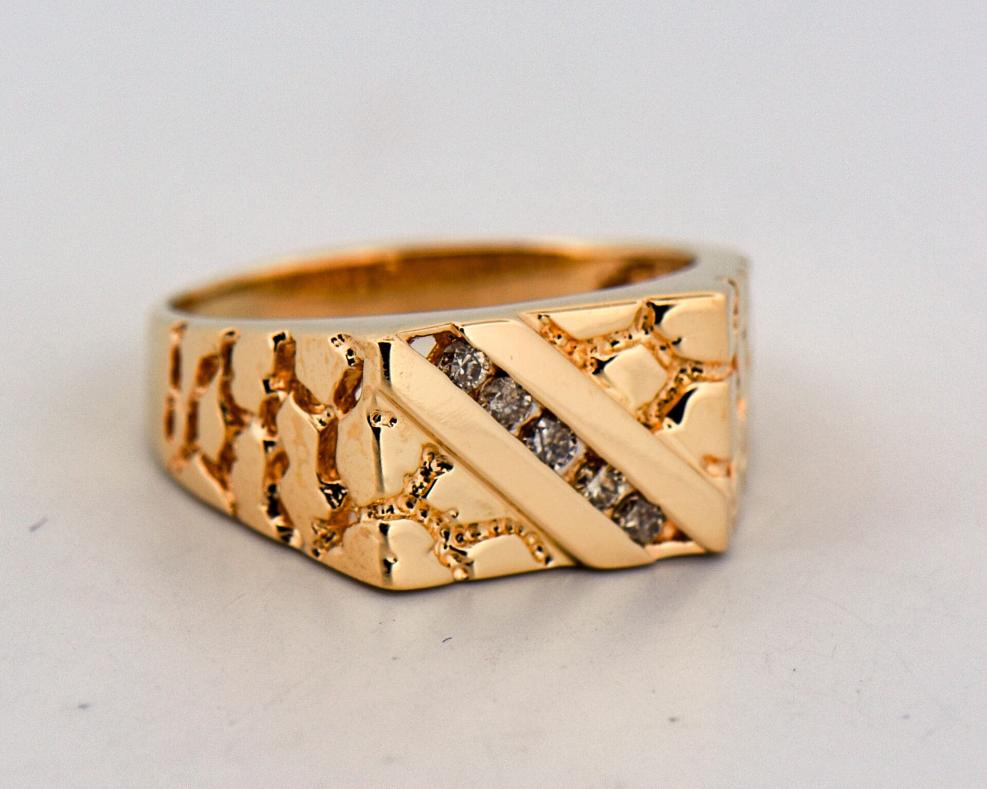 vintage gold nugget style gents ring with diamond accents