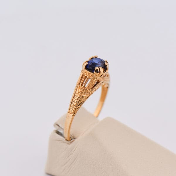 vintage inspired yellow gold filigree ring with blue sapphire 2