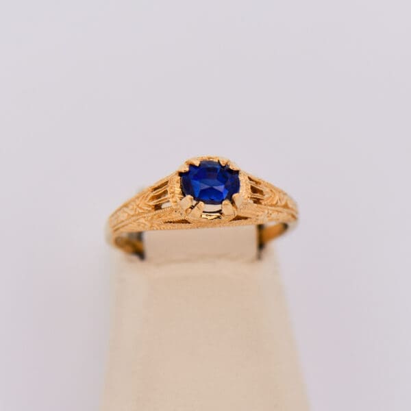 vintage inspired yellow gold filigree ring with blue sapphire 3