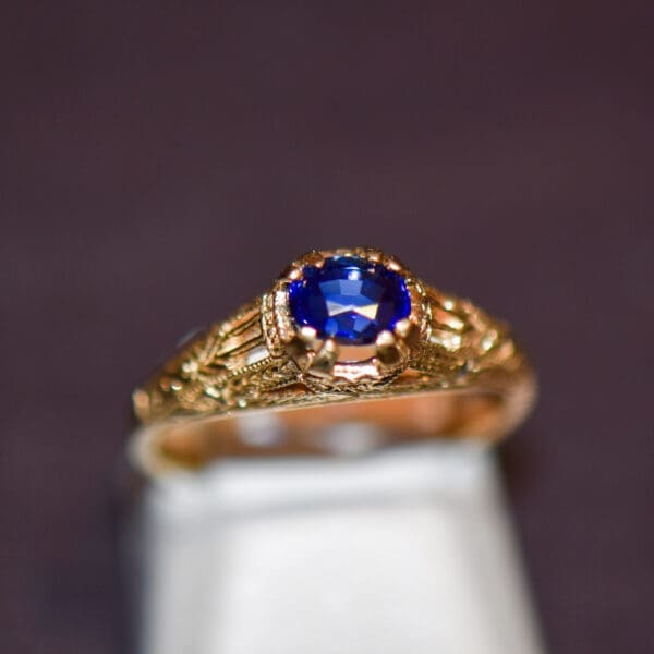 vintage inspired yellow gold filigree ring with blue sapphire 5