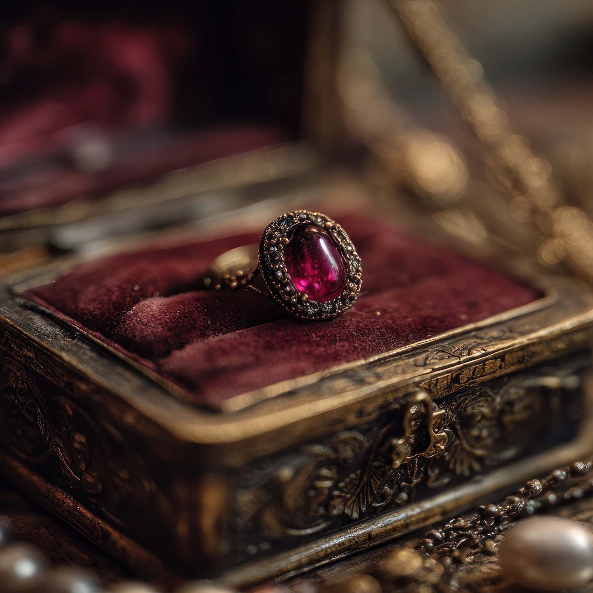 Antique ring box with deep red velvet interior holding a vintage garnet ring, surrounded by pearls and gold jewelry.