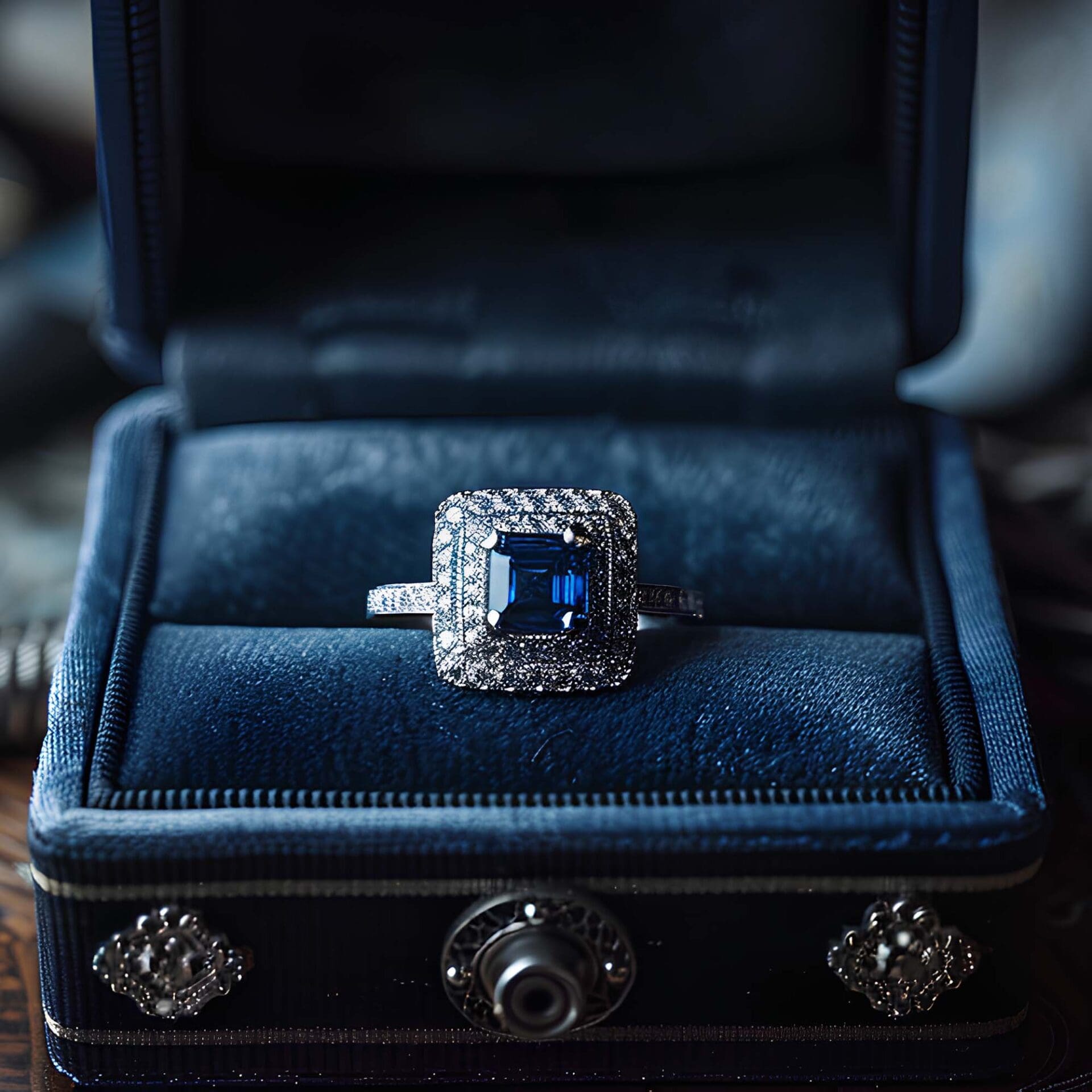 Art Deco navy ring box with silver detailing and a velvet interior displaying a sapphire and diamond ring.