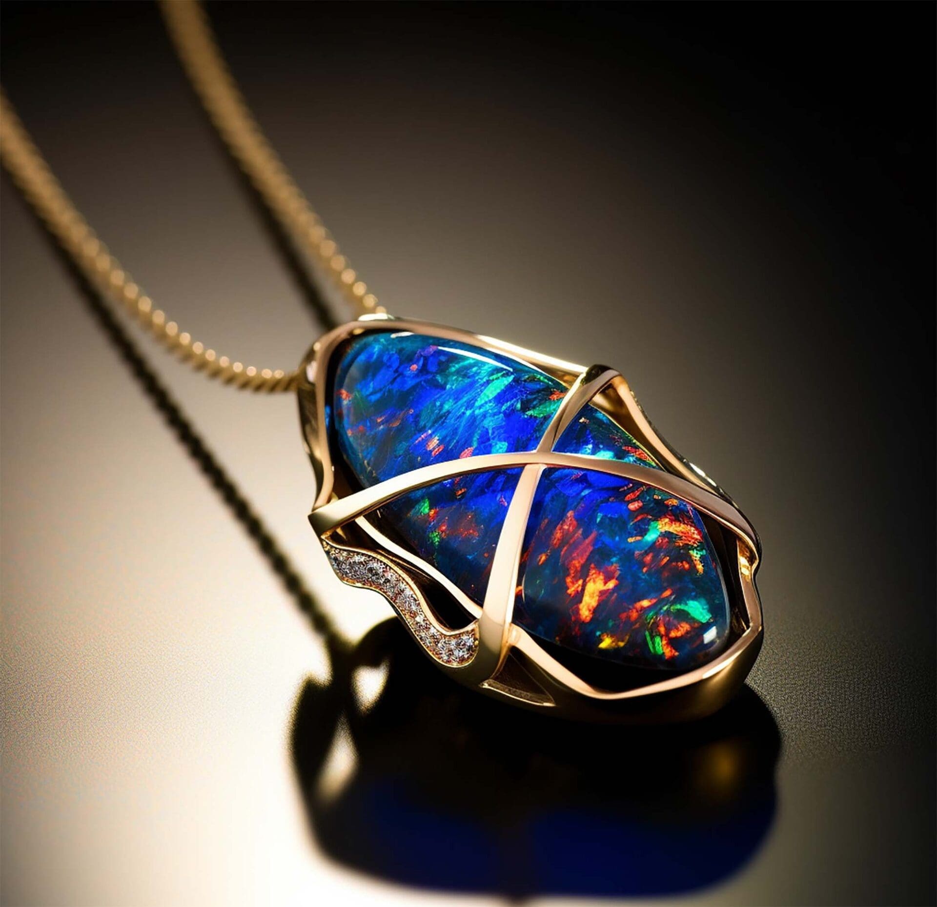 Black opal stone pendant set in yellow gold with vibrant blue and multicolor play-of-color