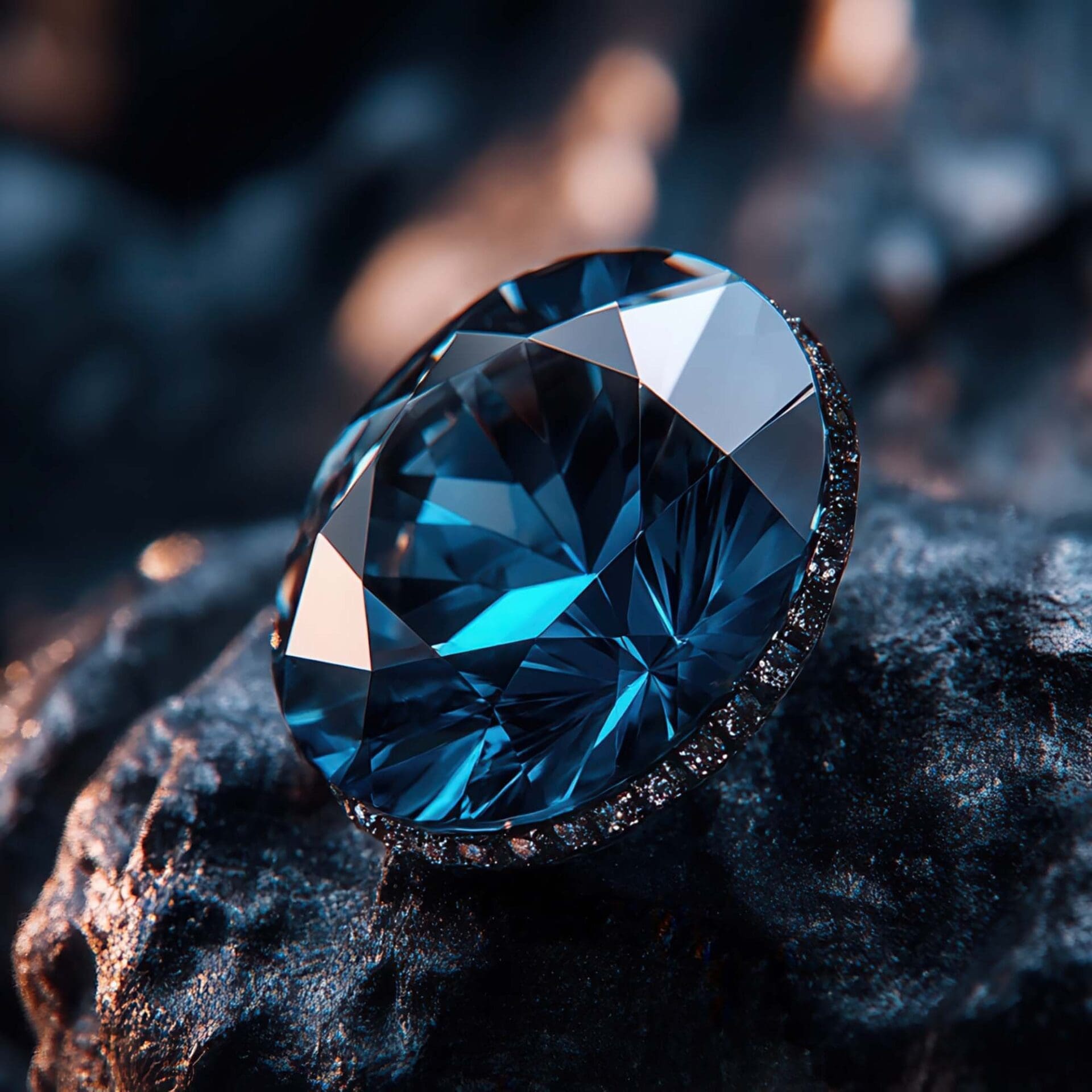 Close-up of a faceted blue garnet gemstone showing vivid teal-blue color and brilliant light reflections on a dark stone background.