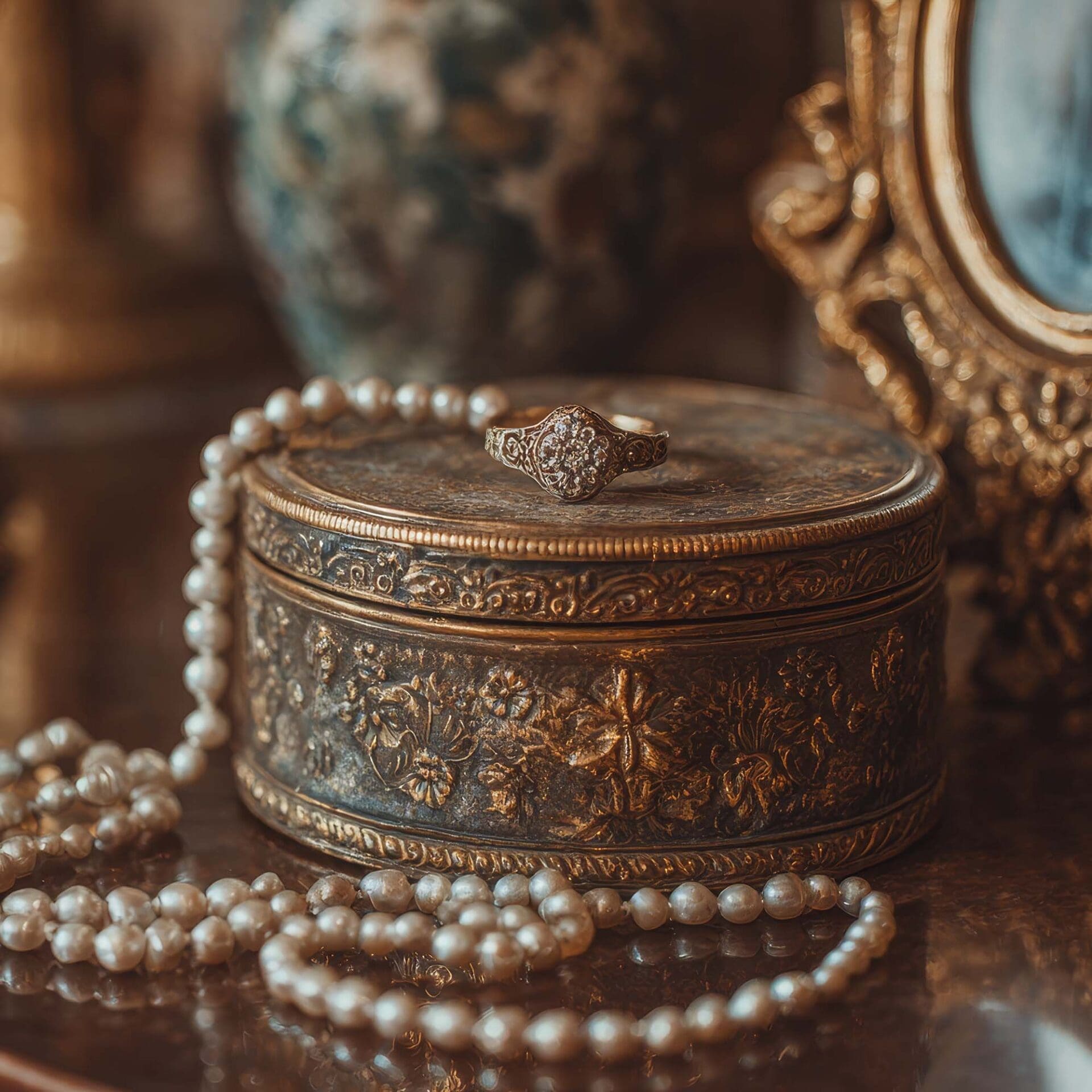 Ornate Victorian antique jewelry box with an engraved lid, pearl necklace, and vintage ring placed on top.