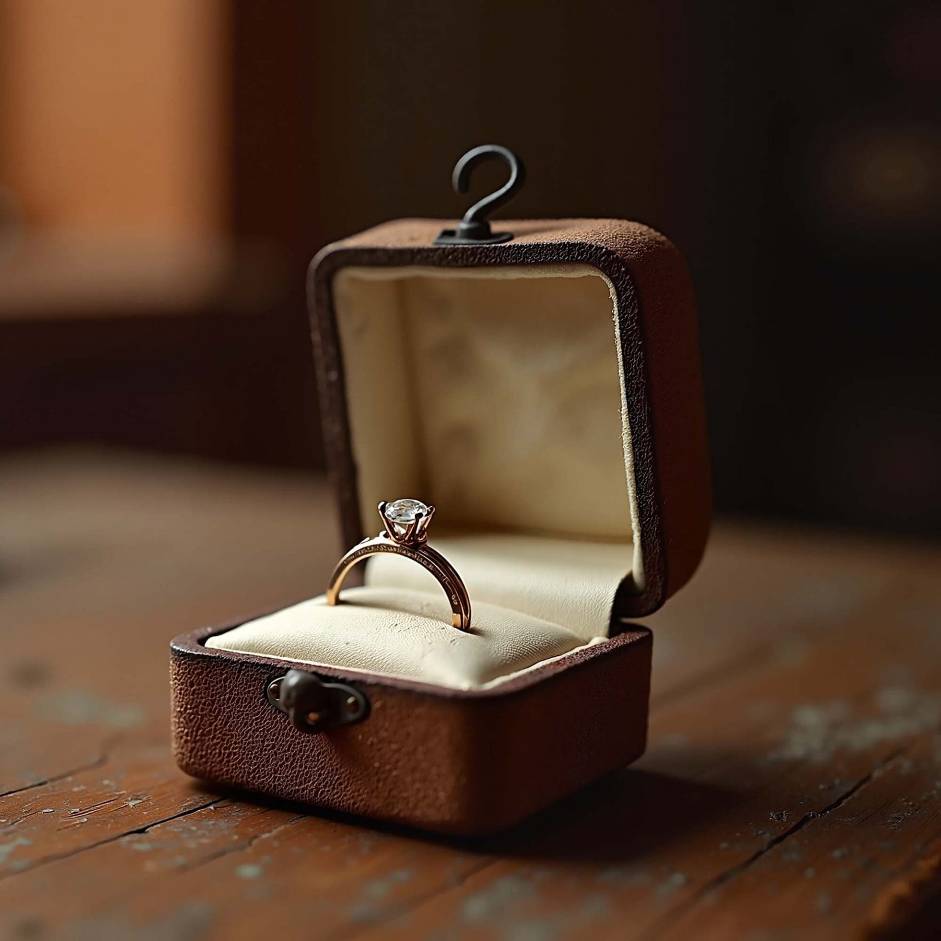 Vintage brown ring box with a cream satin interior displaying a solitaire engagement ring on a rustic wooden surface.