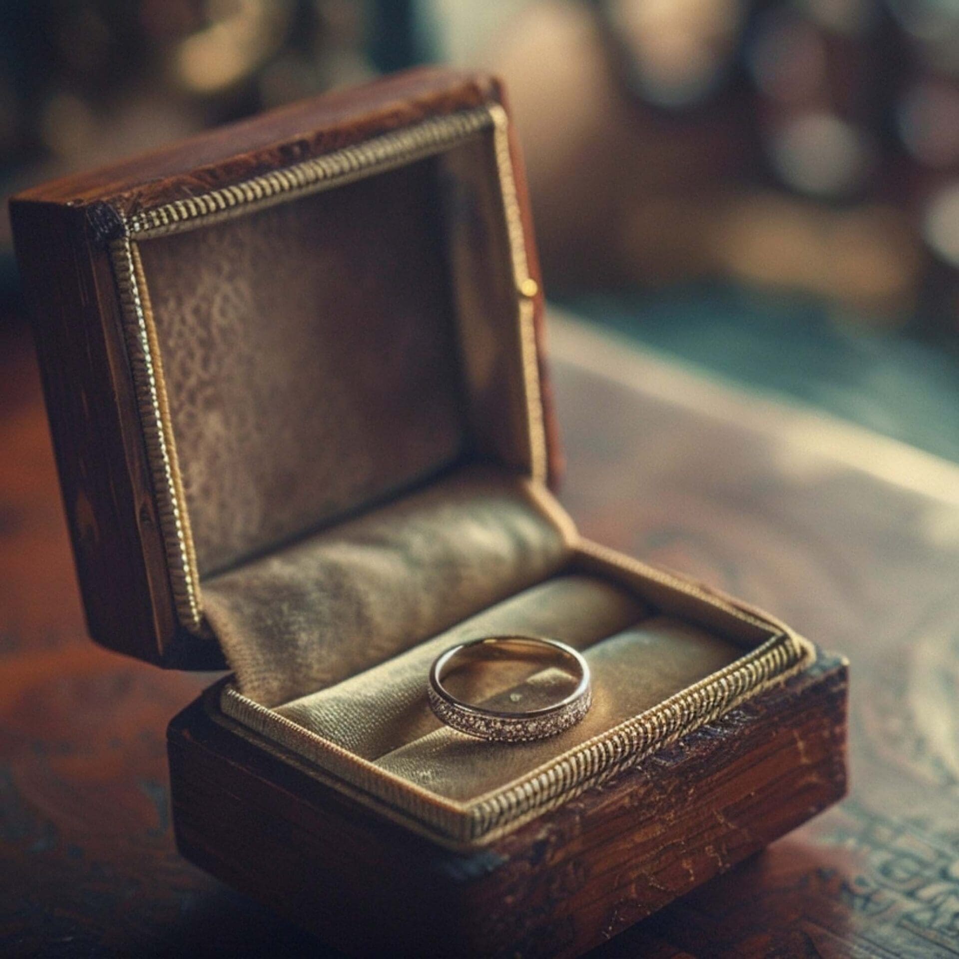 Vintage wooden ring box with a light velvet interior holding a gold band on an antique wooden table.